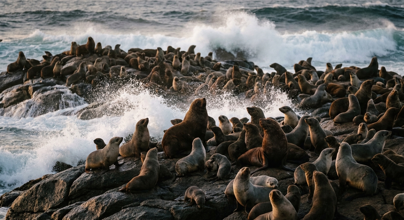 Australian fur seal colony on Seal Rocks off the Nobbies, Phillip Island, at dusk