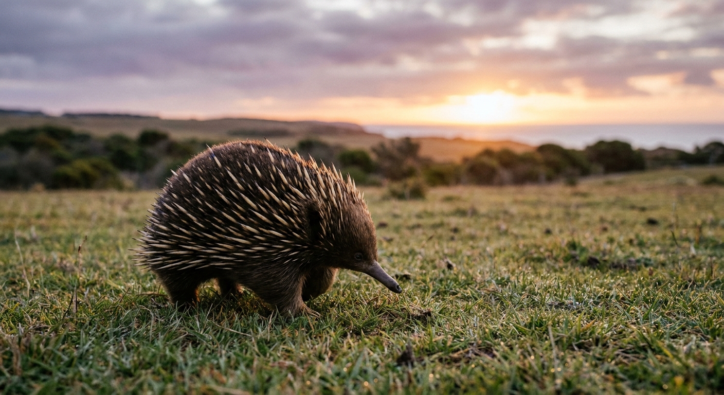 Short-beaked echidna crossing paddock grass at dusk, Phillip Island