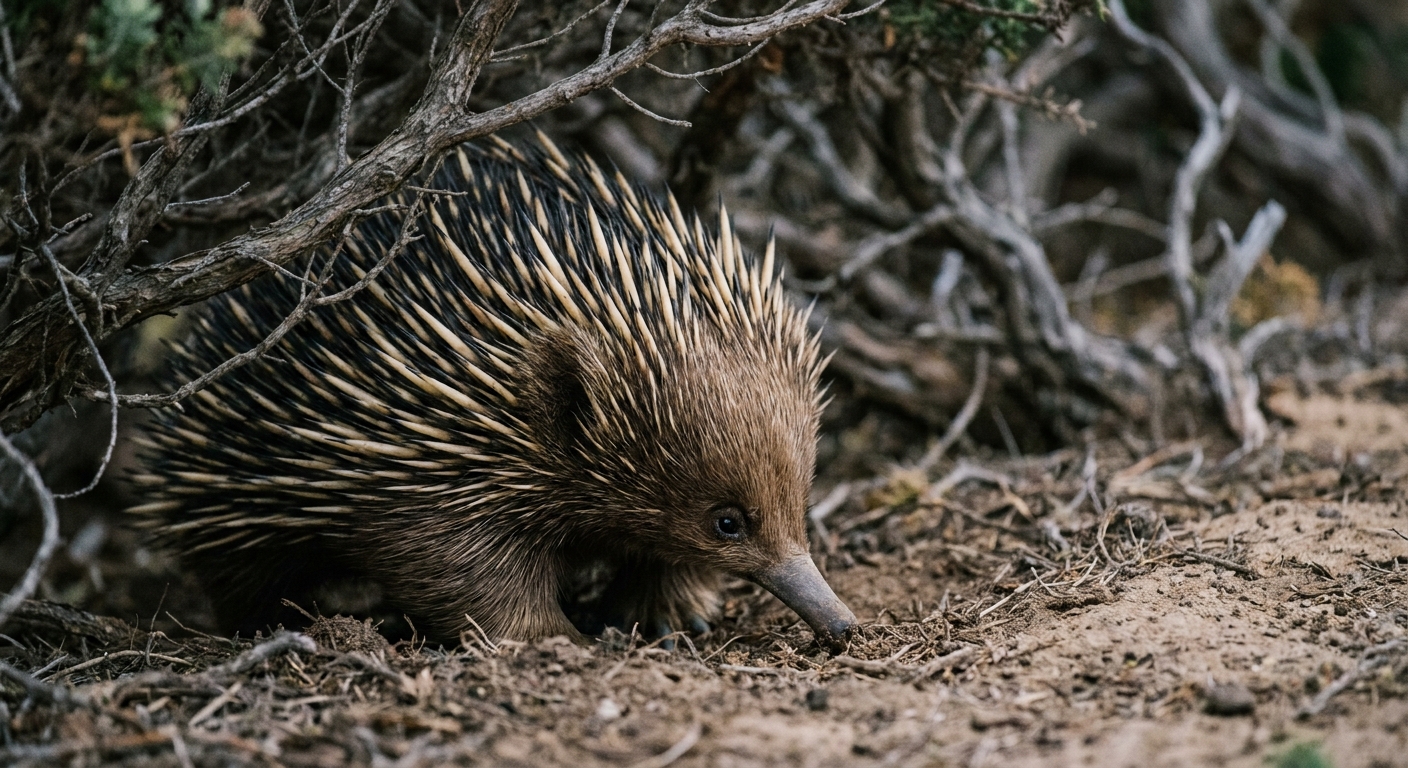 Close-up of a short-beaked echidna foraging at dusk, Phillip Island