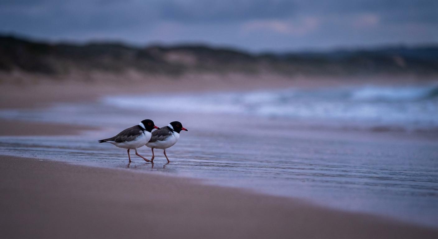 Pair of hooded plovers at the water's edge at twilight, Phillip Island