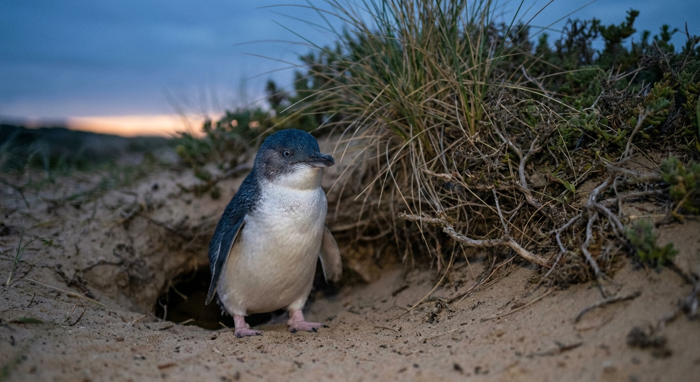 Little penguin at its burrow entrance in the dunes at twilight, Phillip Island