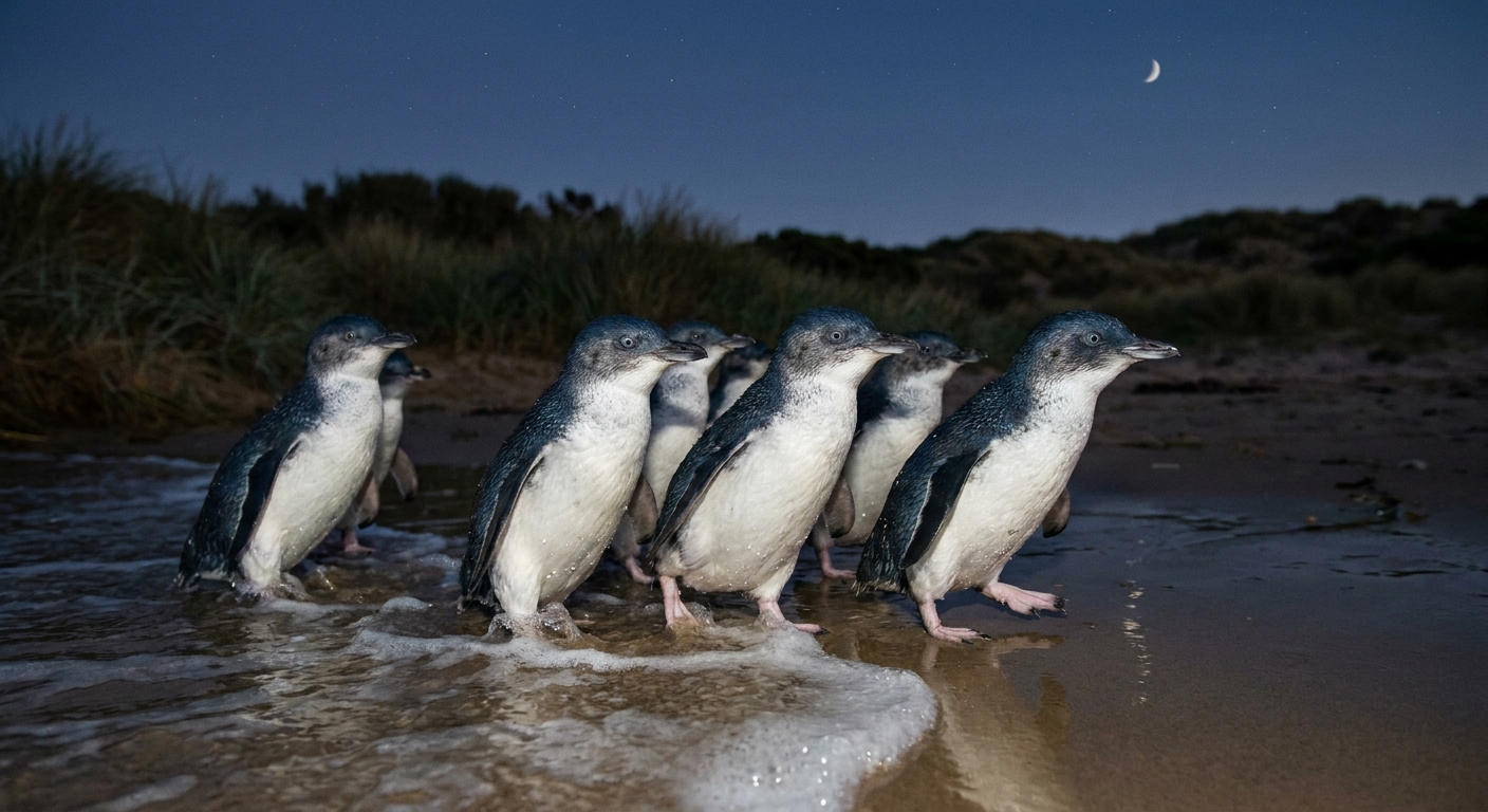 Little penguins coming ashore at dusk on Phillip Island