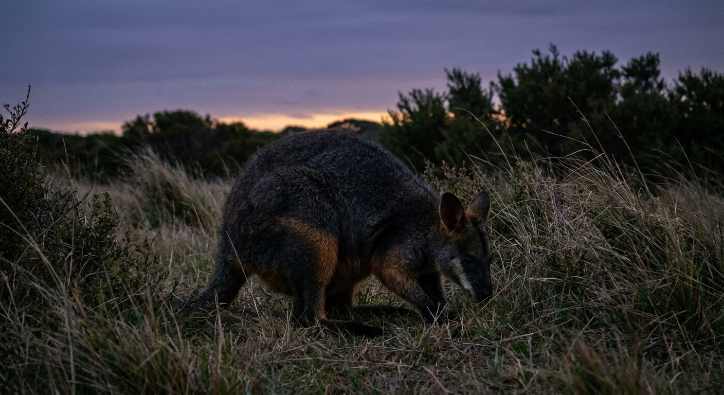 Swamp wallaby browsing in long grass at twilight, Phillip Island