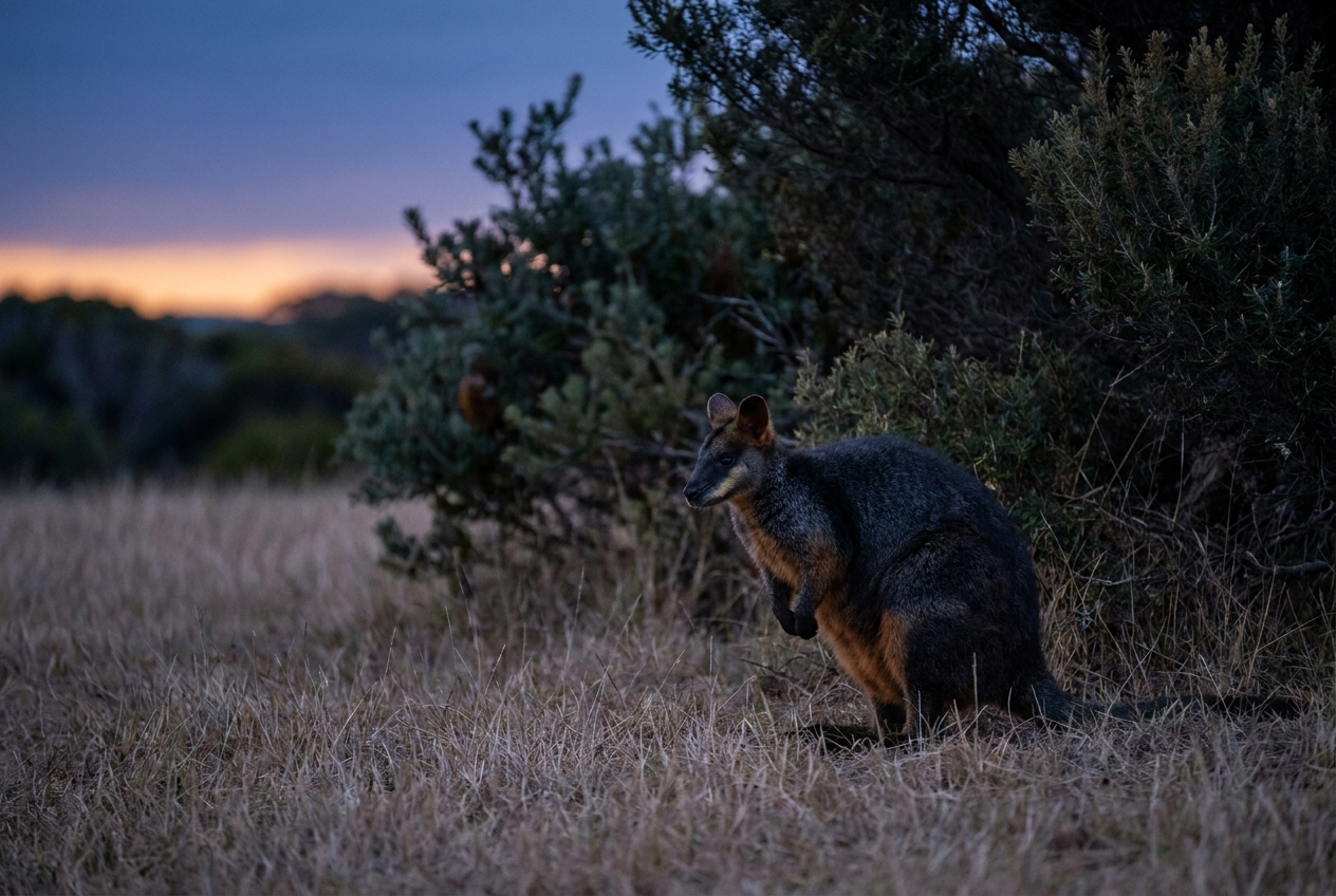 Swamp wallaby at dusk at the edge of coastal scrub on Phillip Island